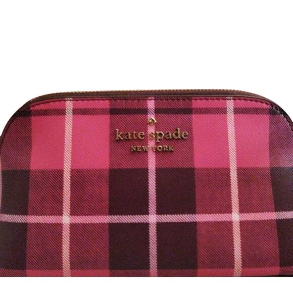 KATE SPADE PLAID COSMETIC CASE "STACI" IN BRIGHT ROSE RED AND BLACK NEW! - Picture 5 of 5